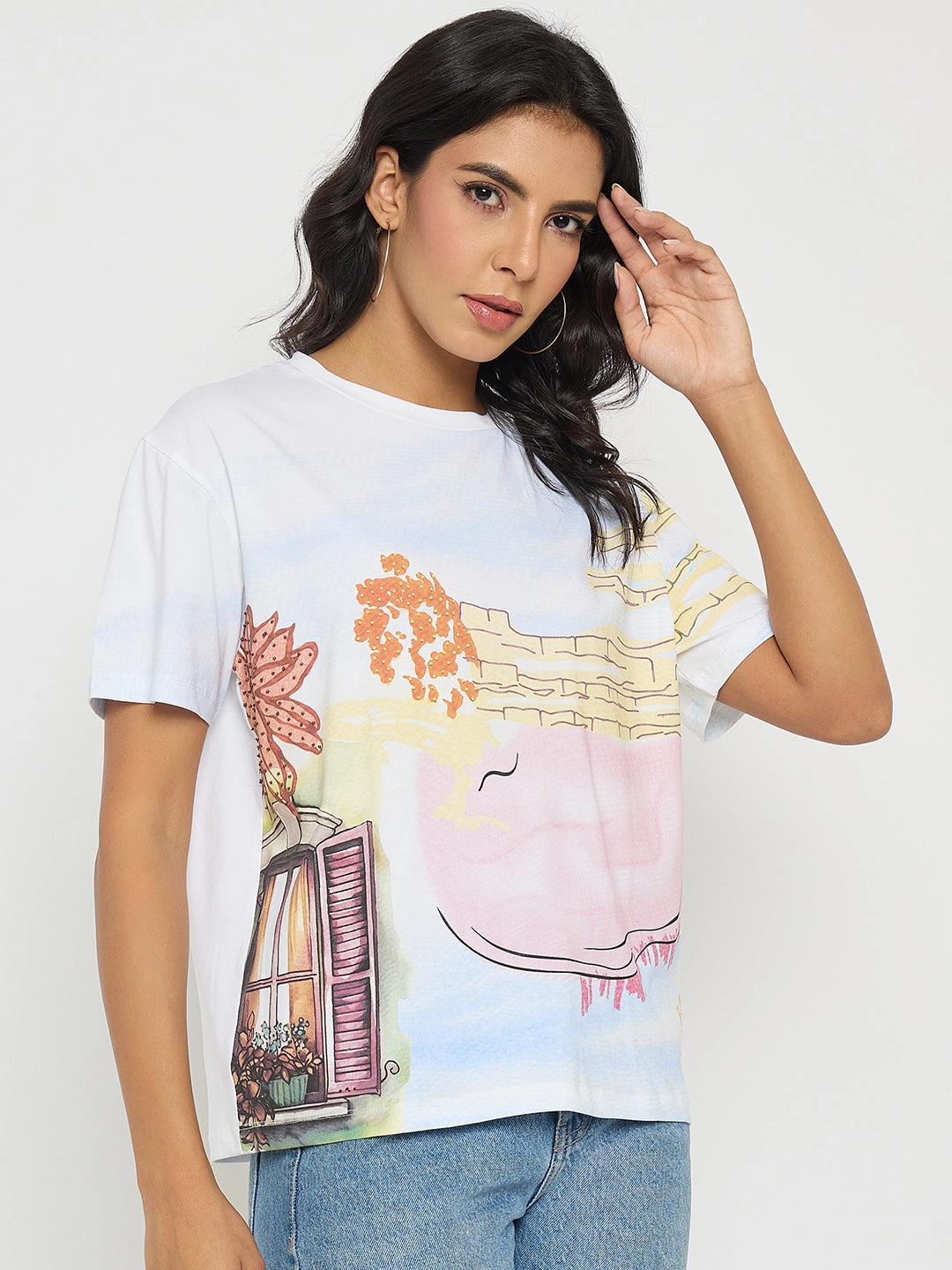 GarmentDyedTexture Madame All Over Print Cotton Blend White T-Shirt
