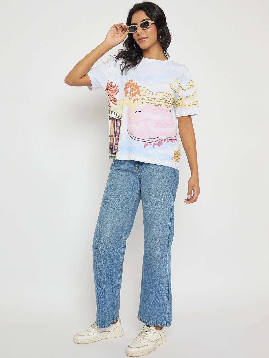 Sleek Design Madame All Over Print Cotton Blend White T-Shirt
