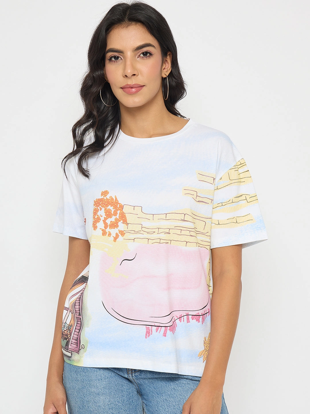 futuristic Madame All Over Print Cotton Blend White T-Shirt