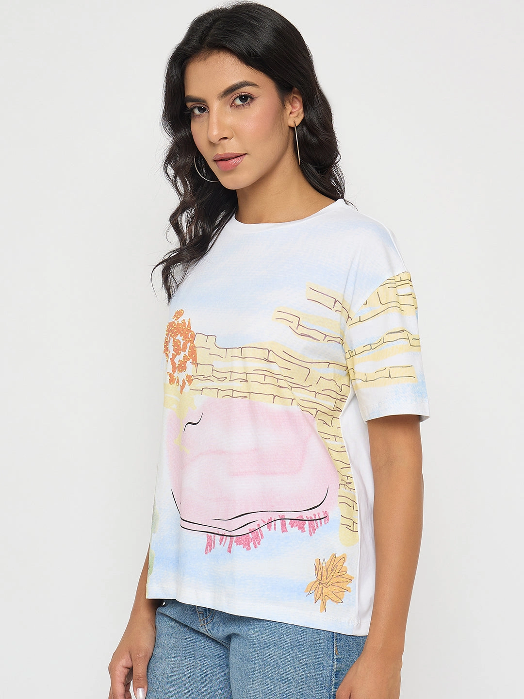 Madame All Over Print Cotton Blend White T-Shirt Cozy and Fashionable