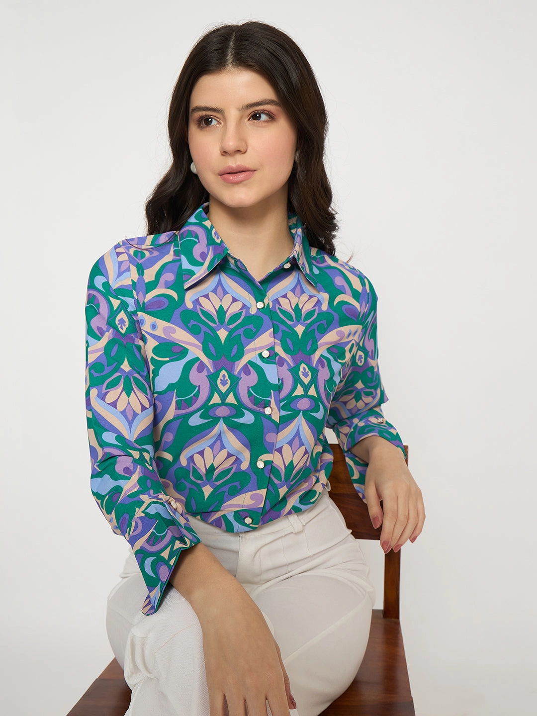 Geometric Pattern birthday celebration Madame All Over Print Full Sleeve Green Shirt
