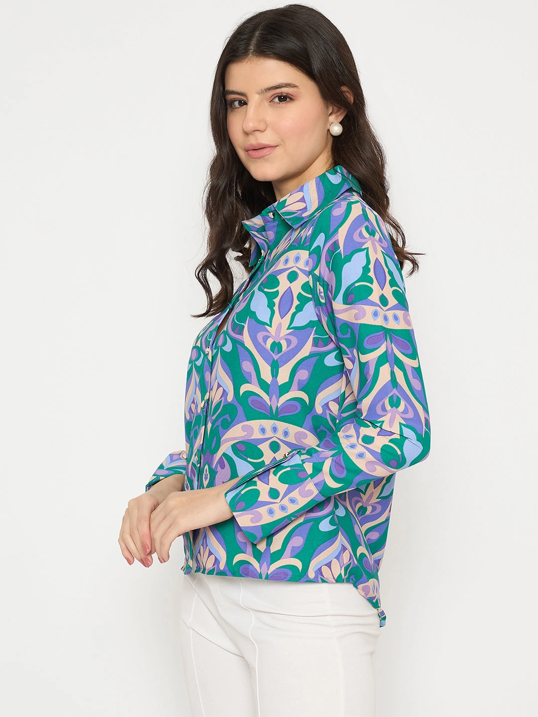 Madame All Over Print Full Sleeve Green Shirt Fashionable Comfort