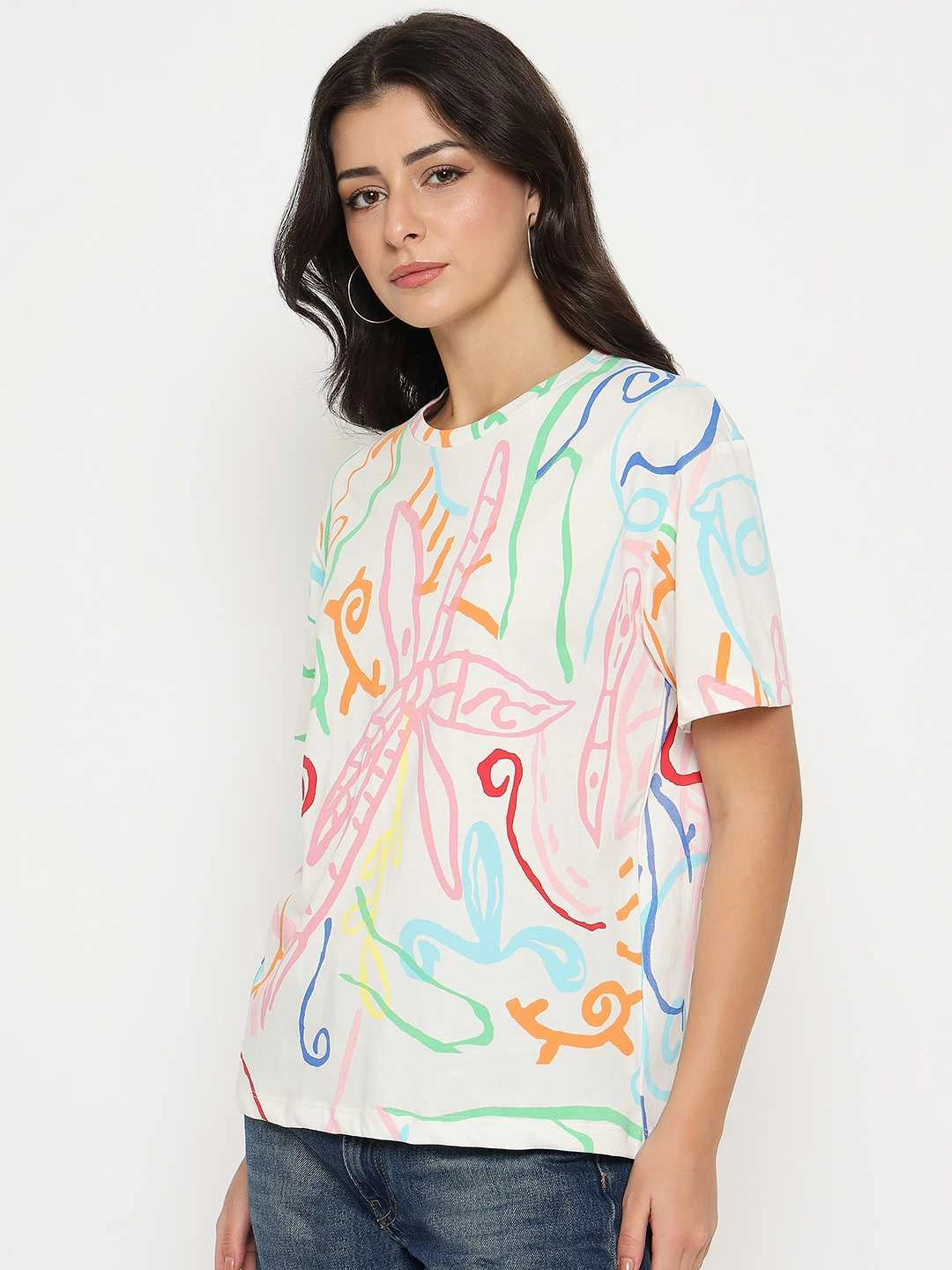 Madame All Over Print Half Sleeve White Cotton T-shirt Breathable Cotton Fabric