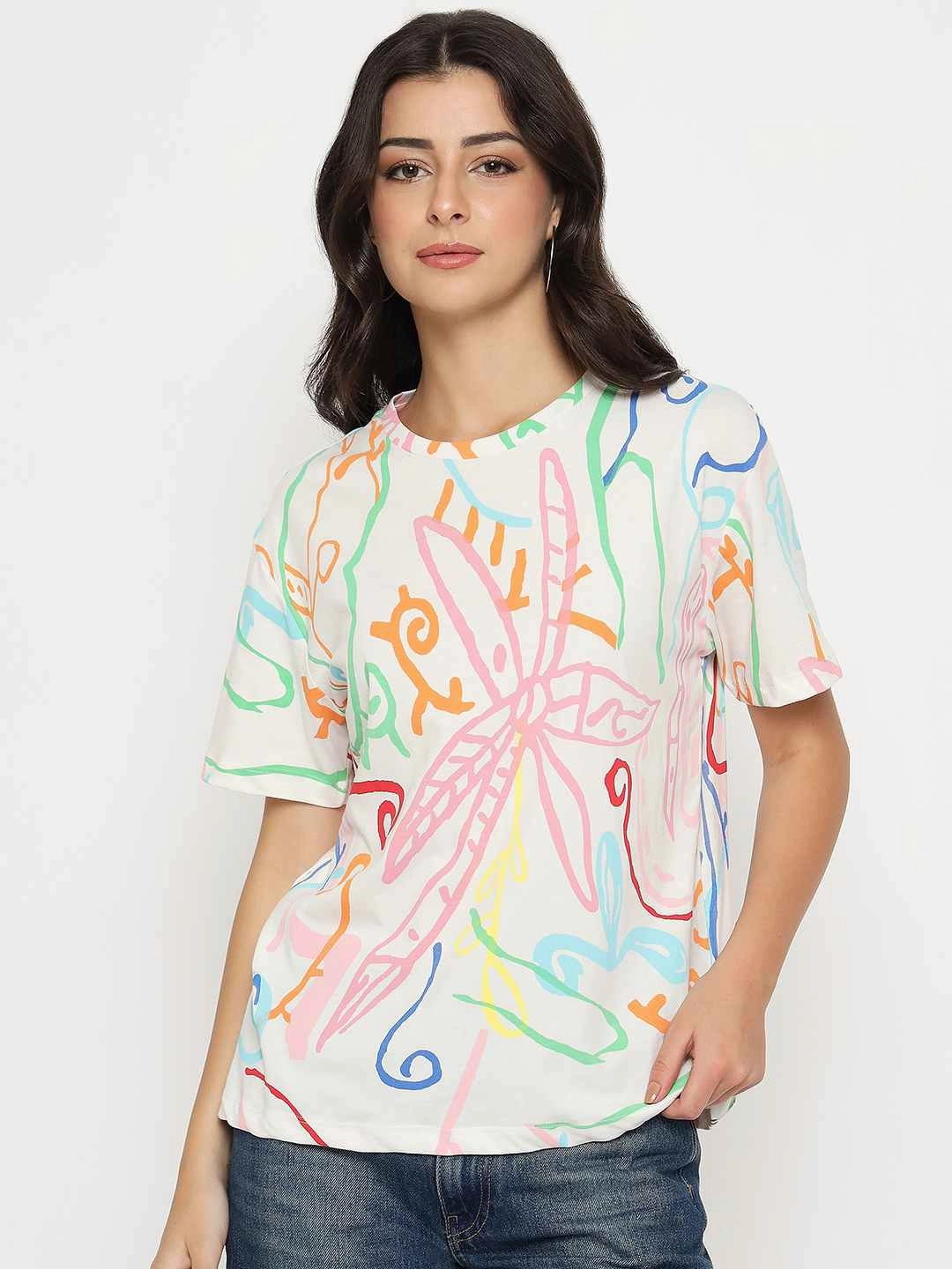 Polka Dot Pattern Madame All Over Print Half Sleeve White Cotton T-shirt