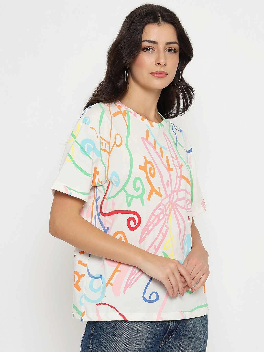 Low Impact Processing Madame All Over Print Half Sleeve White Cotton T-shirt
