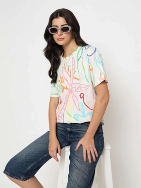 Madame All Over Print Half Sleeve White Cotton T-shirt Street Style Trend Relaxed Vibe