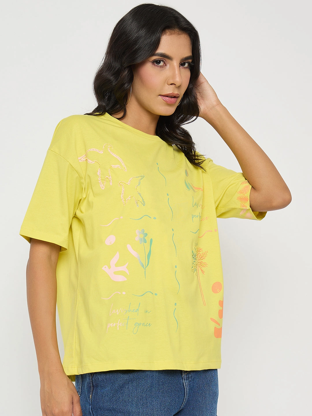 Madame All Over Print Lemon Yellow T-Shirt Casual Comfort Look