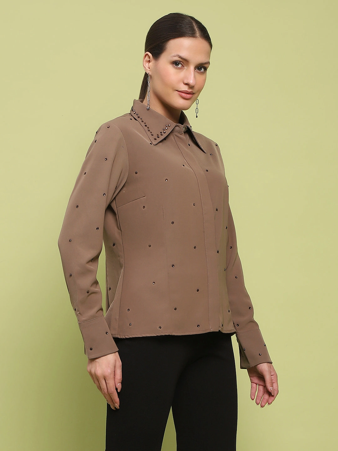 UV Protective Fabric Madame Allover Embellished Brown Shirt