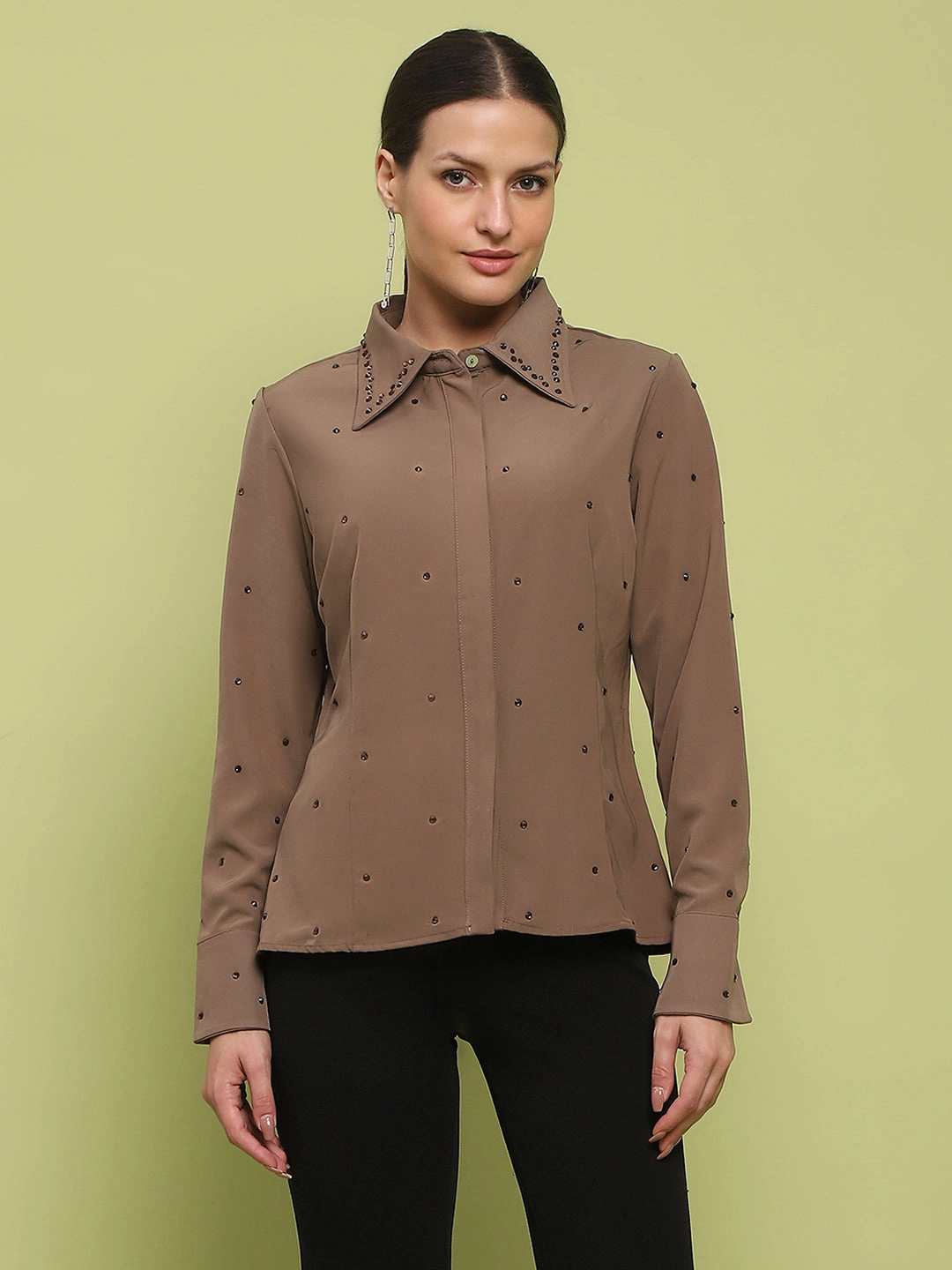 Madame Allover Embellished Brown Shirt Reinforced Hems Layered Sleeve Cuffs