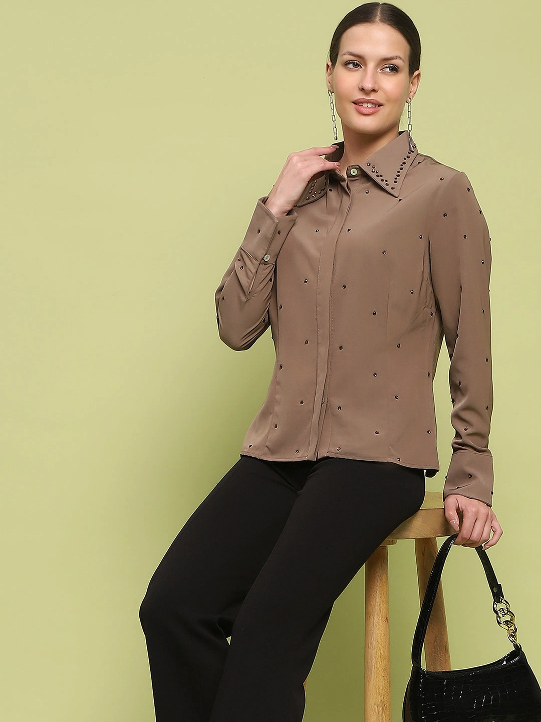 Two Tone Stitching Casual Sophistication Madame Allover Embellished Brown Shirt