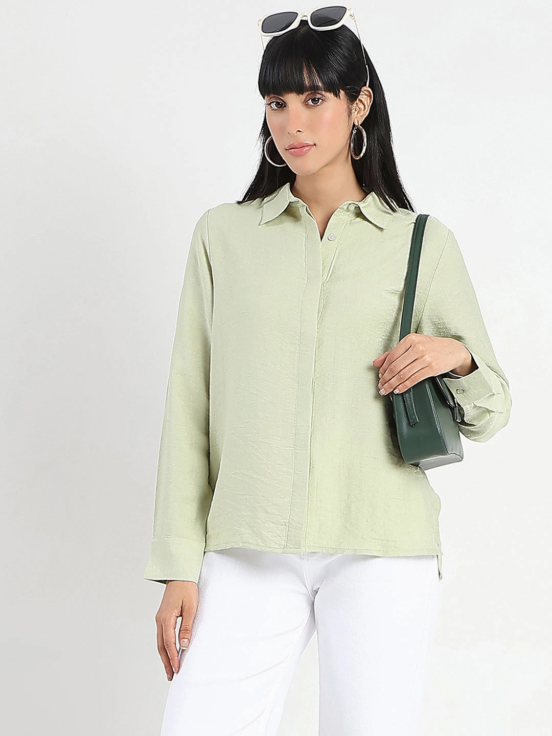 Madame Apple Green Rayon Blend Shirt Contemporary Design Subtle pattern