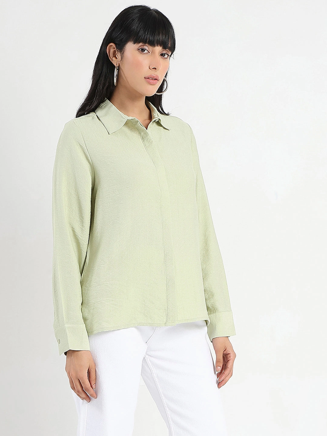 Madame Apple Green Rayon Blend Shirt Split hem Metallic Finish