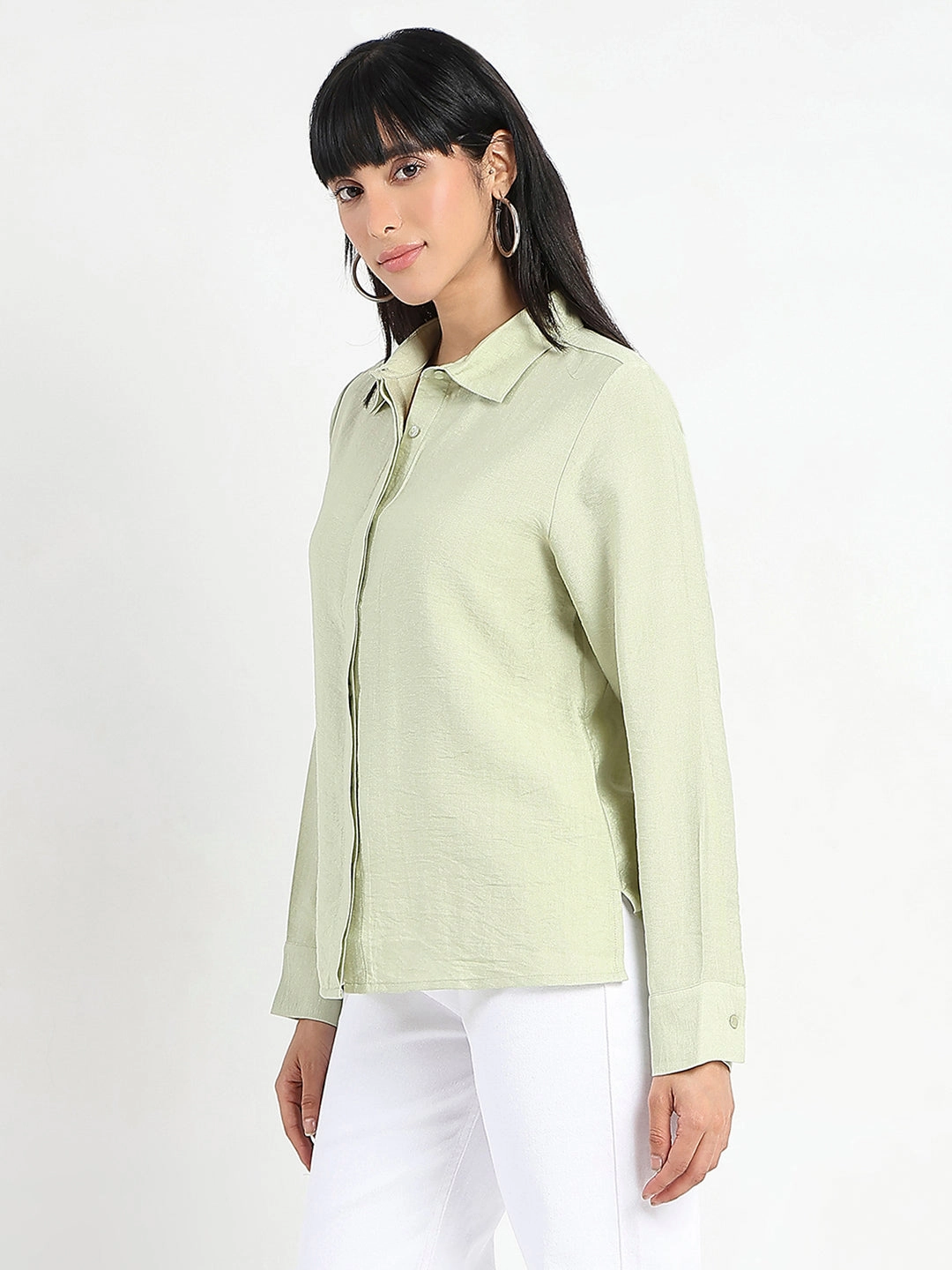 Madame Apple Green Rayon Blend Shirt Breathable Fit Pullover Design