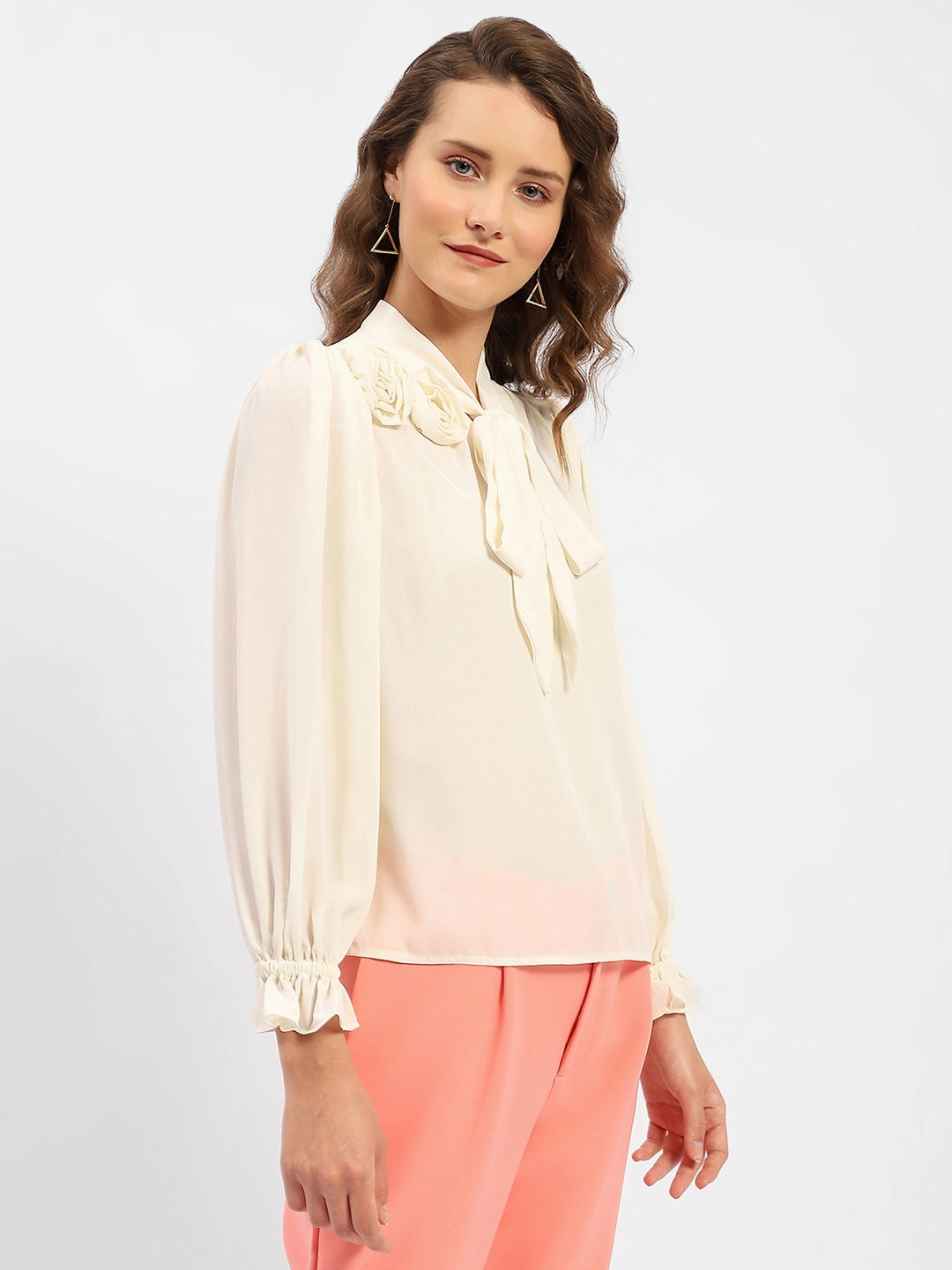 Trendy Wear Madame Applique Adorned Off-White Shirt