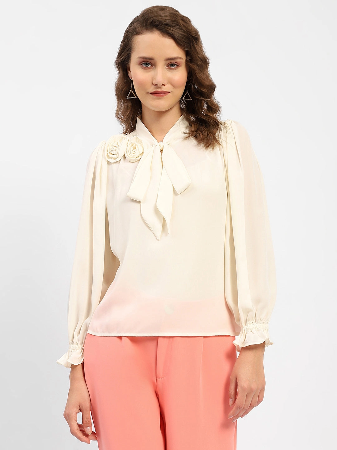 Madame Applique Adorned Off-White Shirt Lace Accent