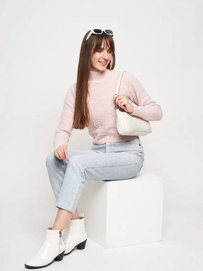 Madame Baby Pink Sweater Stretch Comfort Cold Day Outfit