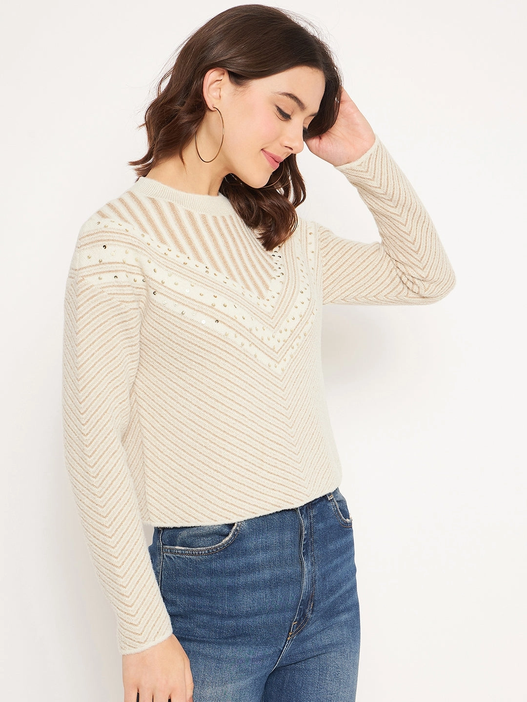 Madame Beige Embellished Sweater All-Purpose Knit Essential Knit