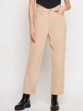Flexible Match Durable Minimalist Style Party Look Madame Beige Straight Fit Denim