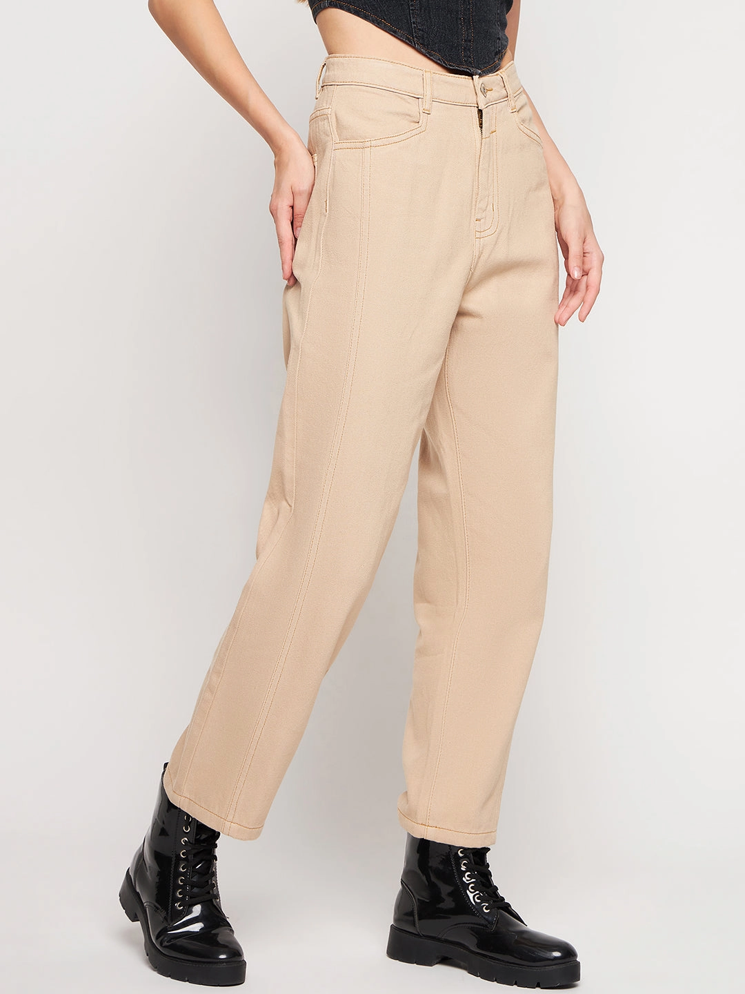 Madame Beige Straight Fit Denim Fit And Easy Casual Street