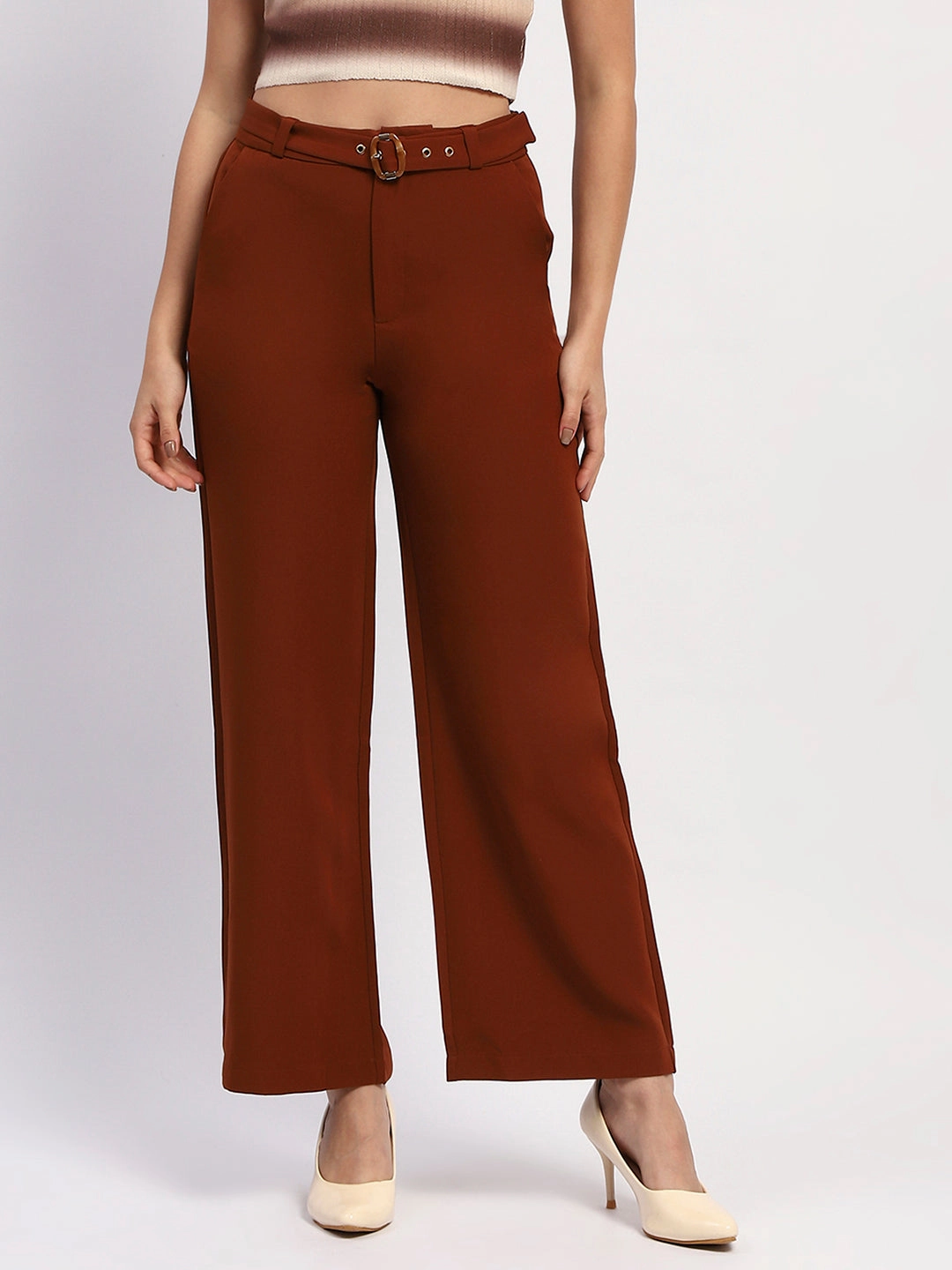 UVProtection Madame Belted Straight Fit Solid Rust Trousers
