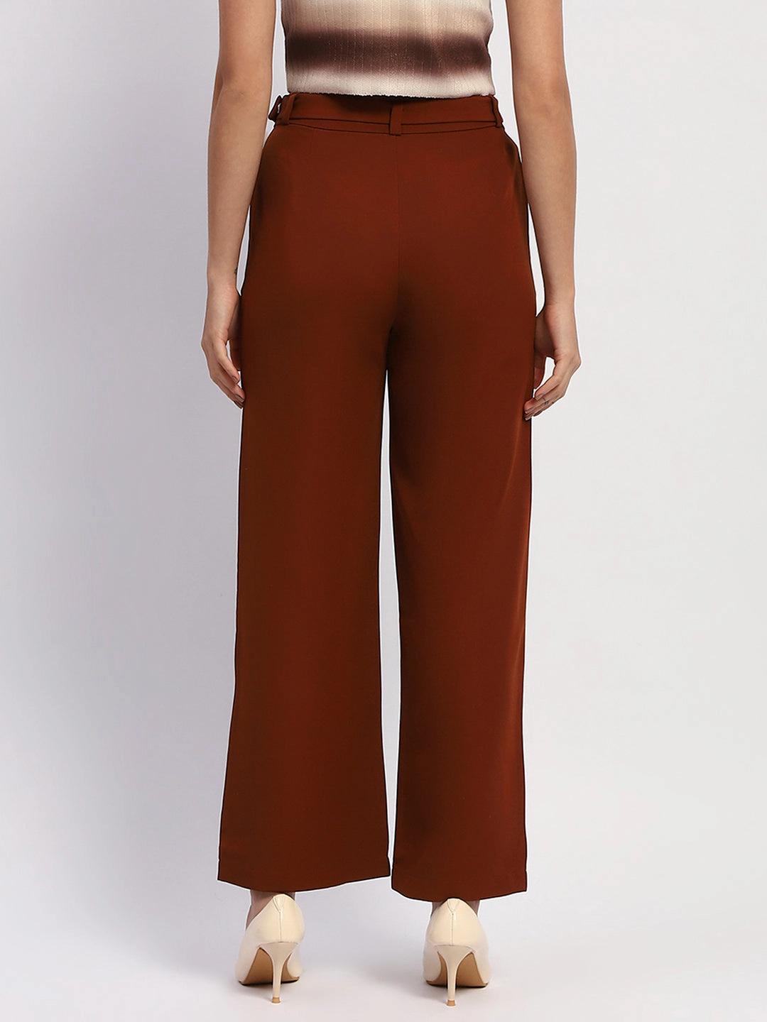 Madame Belted Straight Fit Solid Rust Trousers Slim Comfort