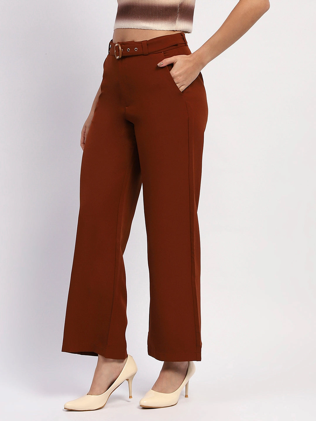Flat Lock Stitching Madame Belted Straight Fit Solid Rust Trousers