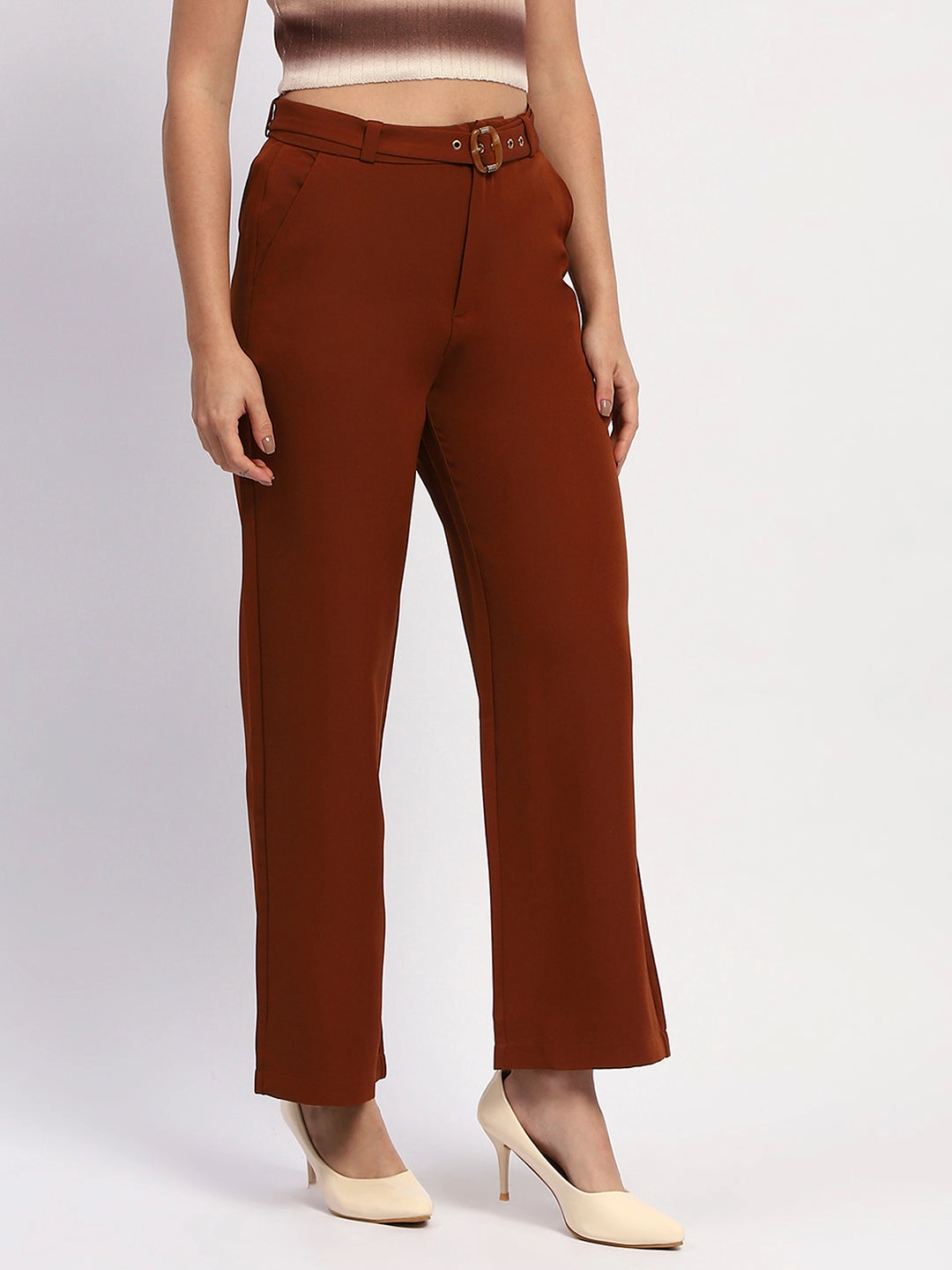 Work Comfort Madame Belted Straight Fit Solid Rust Trousers