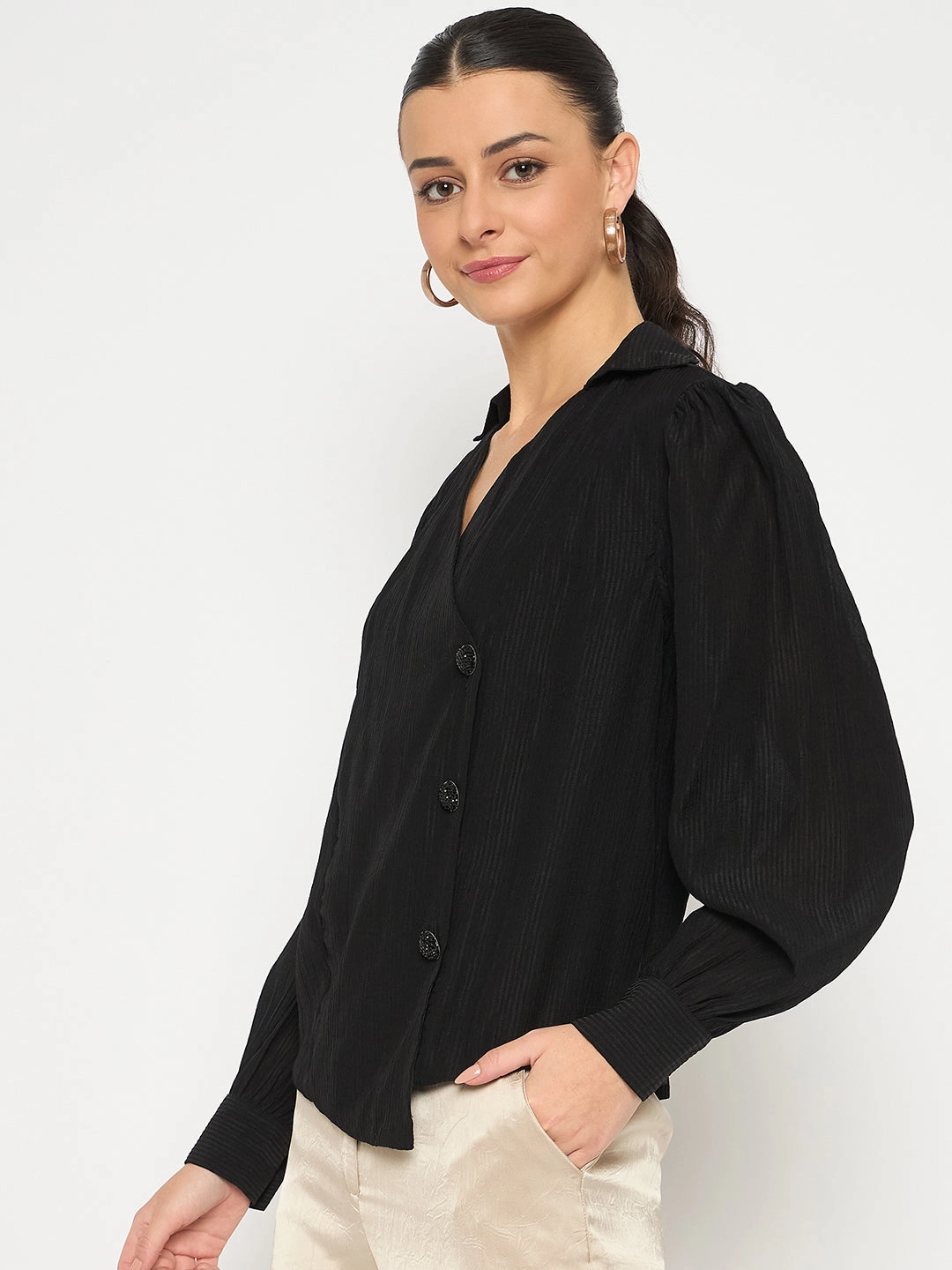 Madame Black Asymmetrical Hemline Rayon Blend Shirt Active Wear Chill Fit