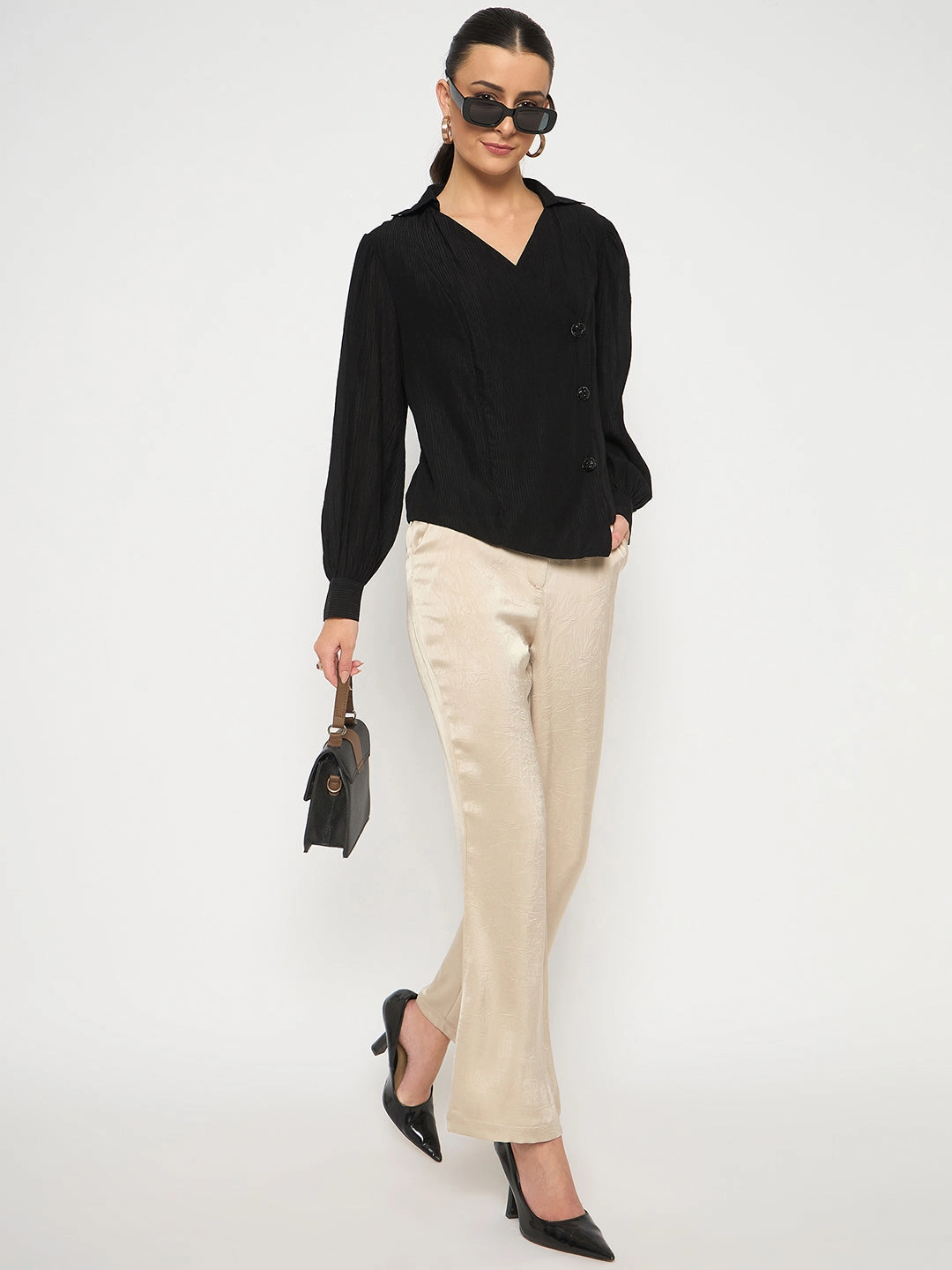 Madame Black Asymmetrical Hemline Rayon Blend Shirt Weekend Style Anti Pill Treatment