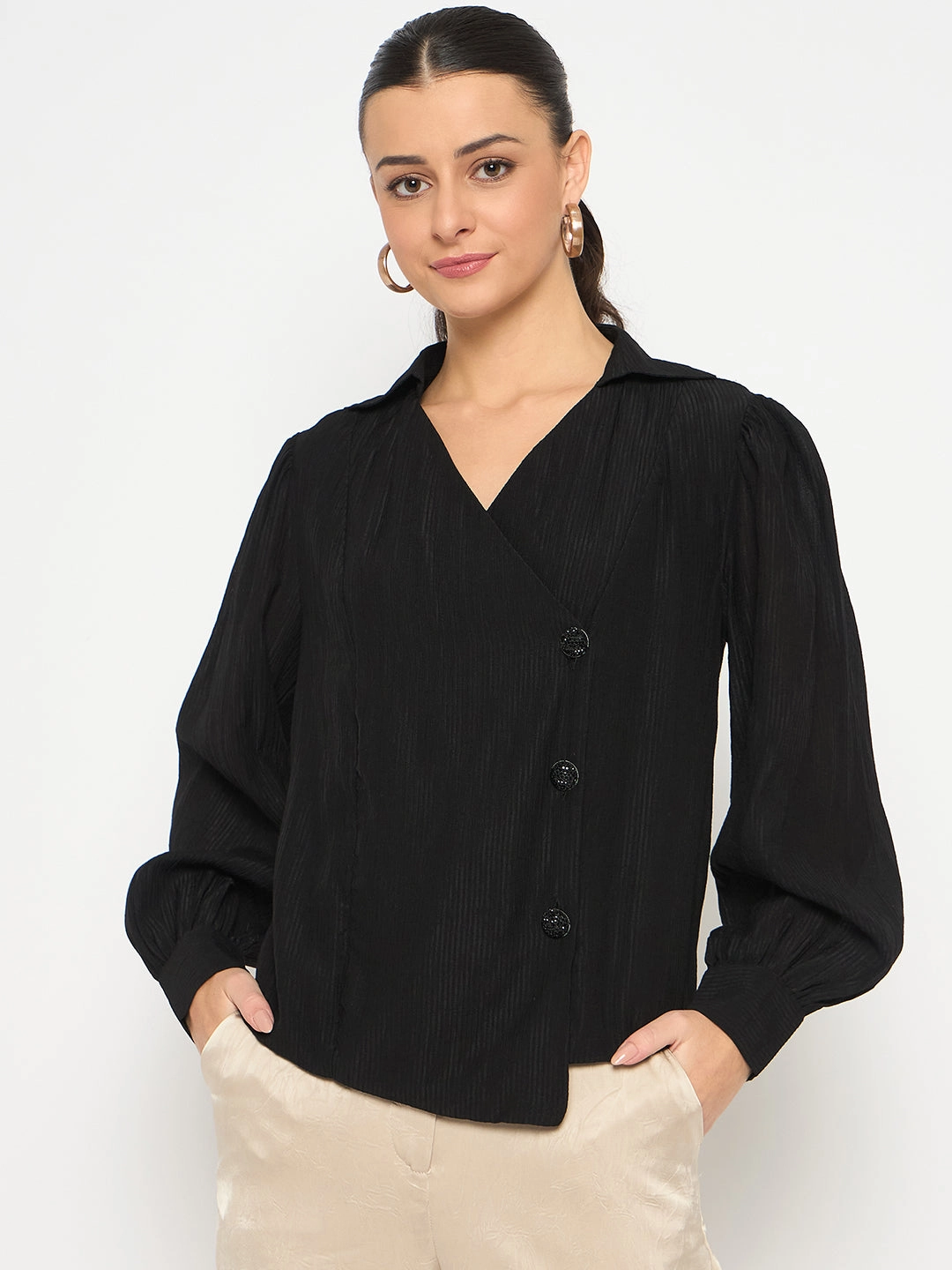 Odor control Essential Layer Madame Black Asymmetrical Hemline Rayon Blend Shirt