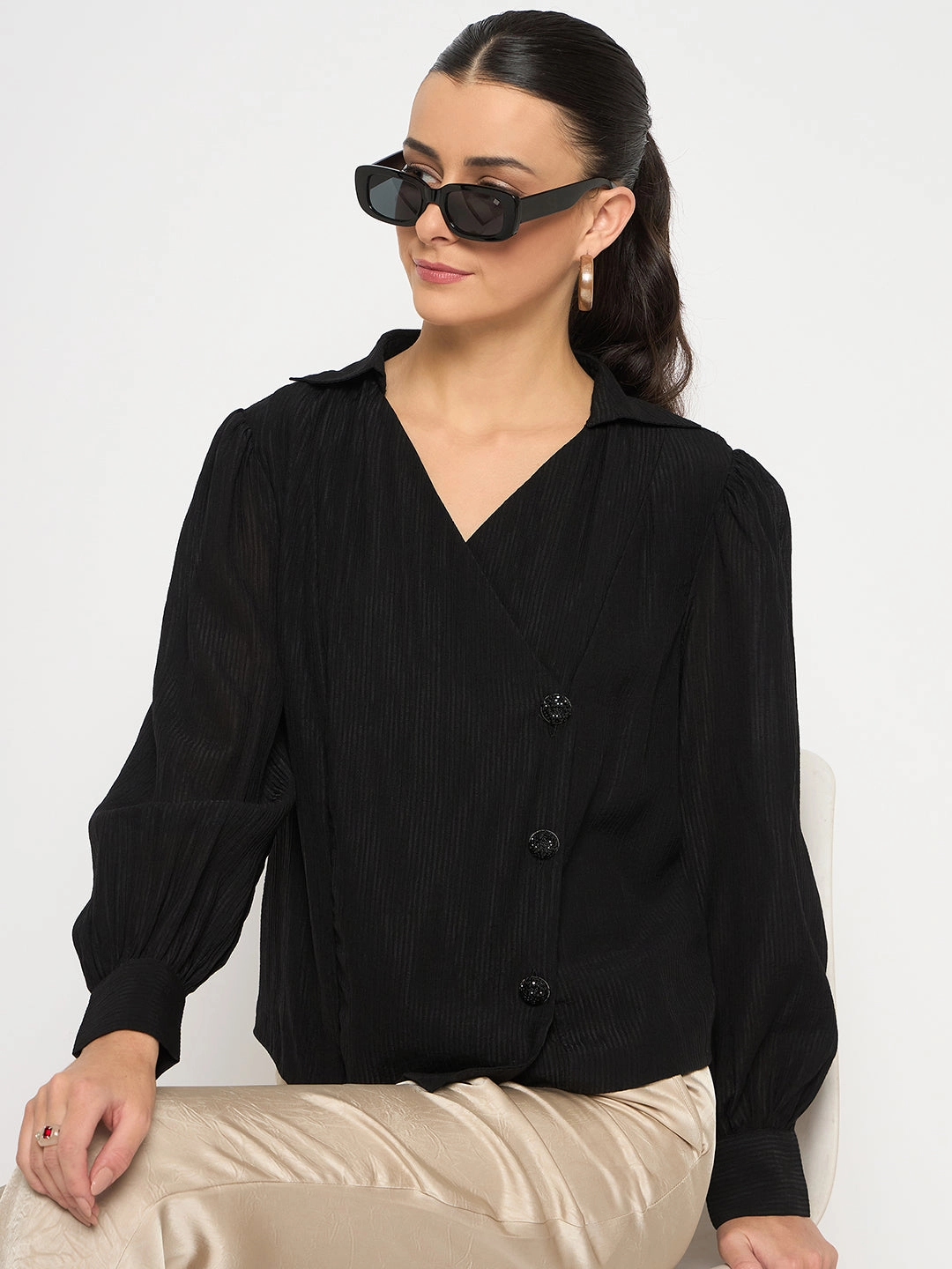 Madame Black Asymmetrical Hemline Rayon Blend Shirt Minimal Look Workwear Essential