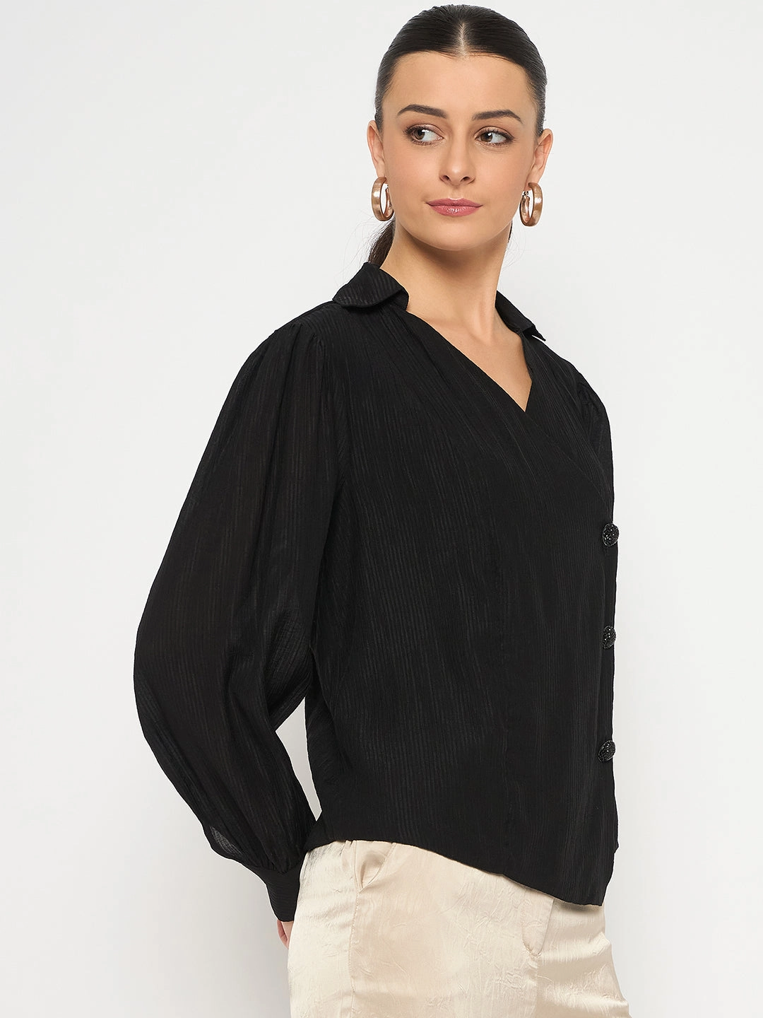 Madame Black Asymmetrical Hemline Rayon Blend Shirt Urban Comfort Timeless Comfort