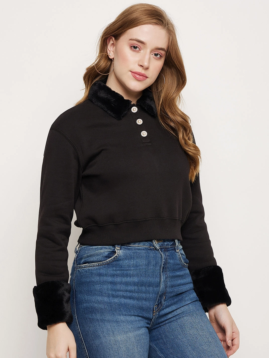Madame Black Faux Fur Collared Crop Sweatshirt Modern Fit
