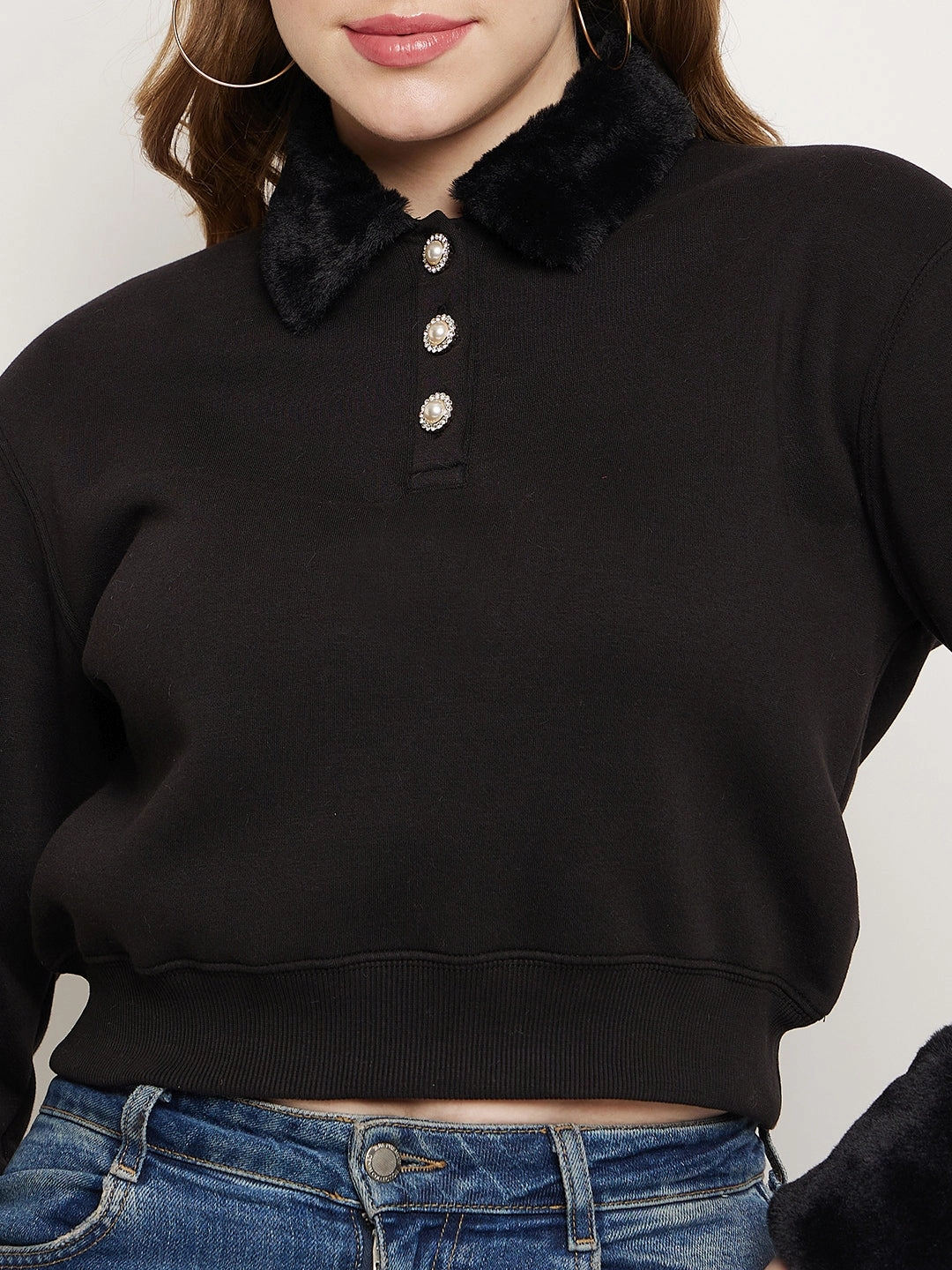 Madame Black Faux Fur Collared Crop Sweatshirt product tweed warmth Suede
