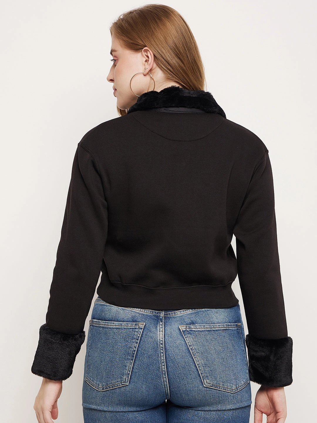 Madame Black Faux Fur Collared Crop Sweatshirt Wrinkle Resistant