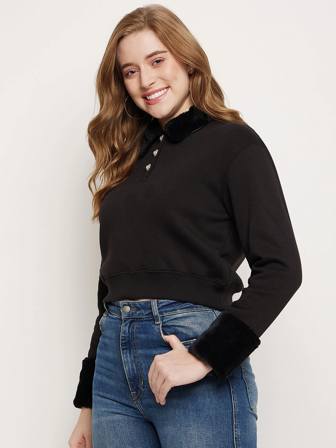 crew neck Brunch Outfit Madame Black Faux Fur Collared Crop Sweatshirt