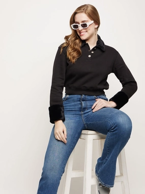 Winter Comfort Madame Black Faux Fur Collared Crop Sweatshirt
