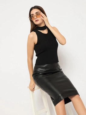Madame Black Ribbed Sleeveless Cutout Sweater Loopback Fabric
