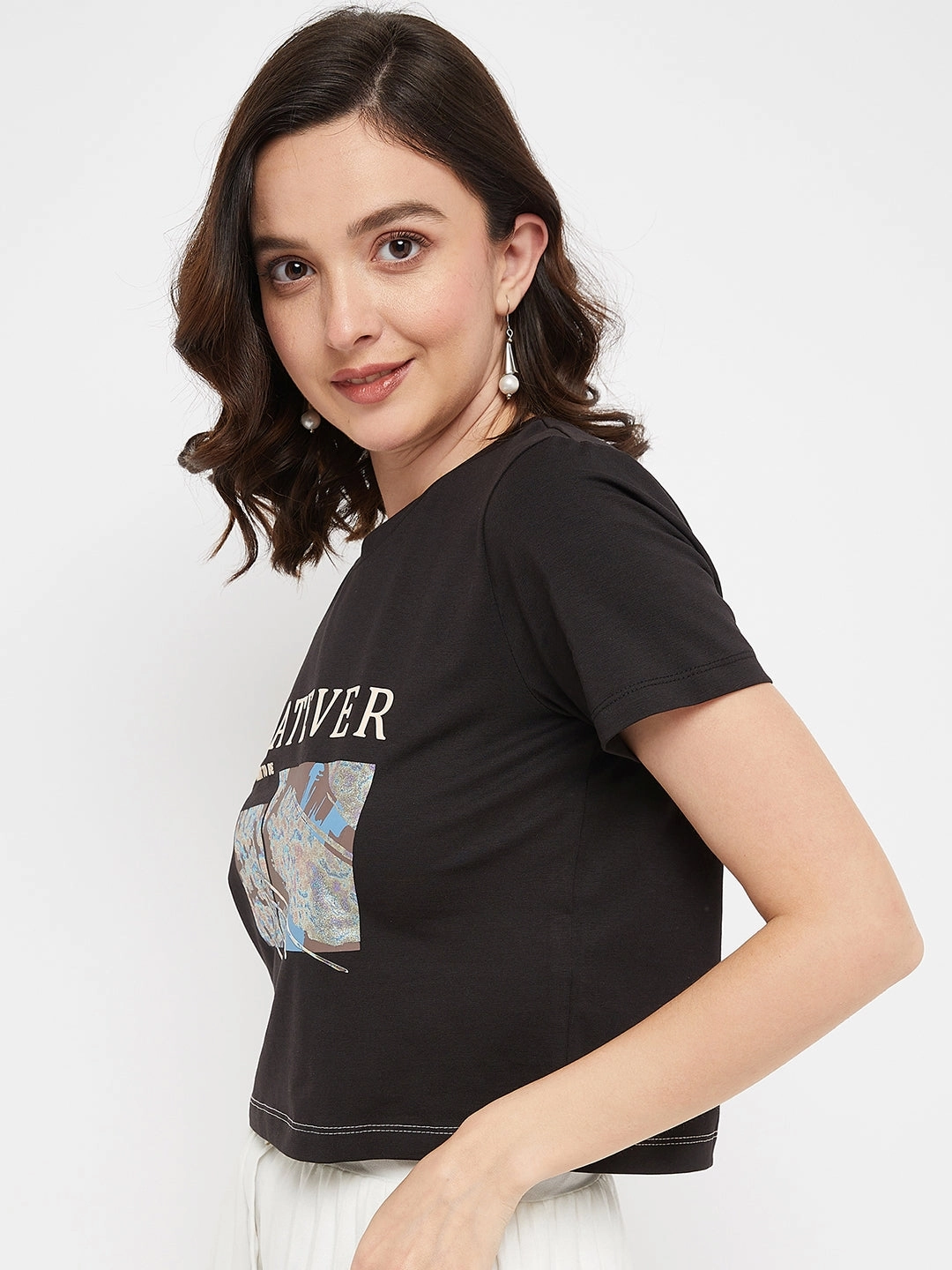 Madame Black Typography Cotton T-Shirt Longline Hemline