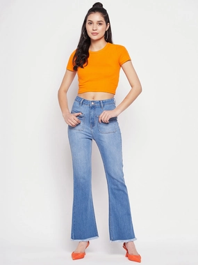 Madame Blue Denim Textured Party Look Soft Simple Match