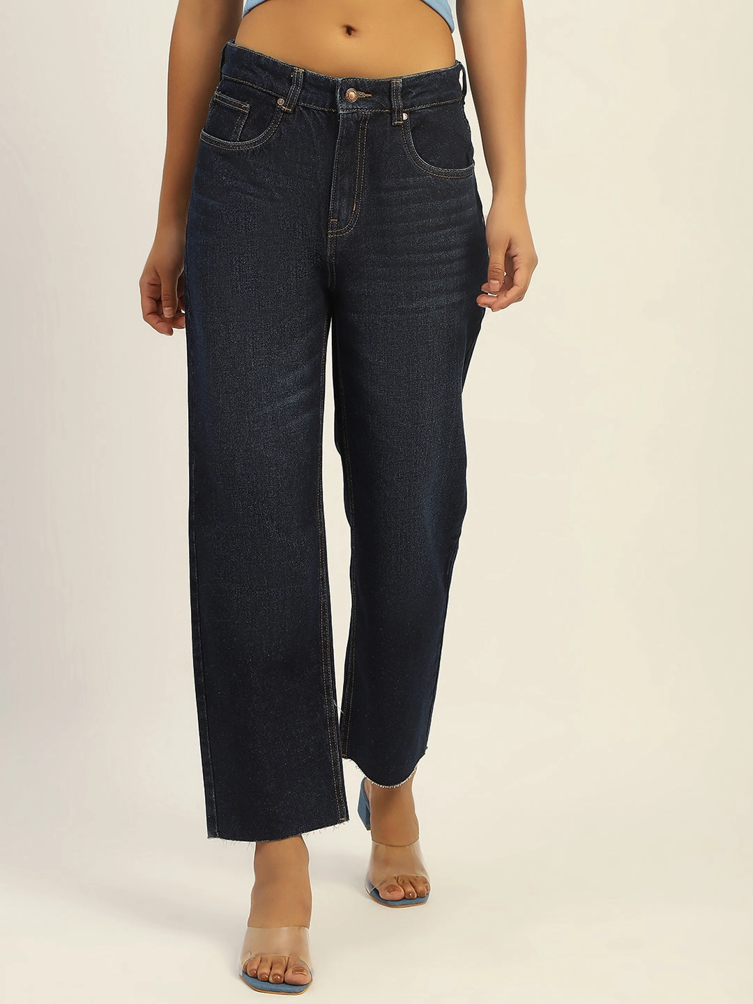 Madame Blue Loose Fit Cotton Jeans Textured Loose Luxury