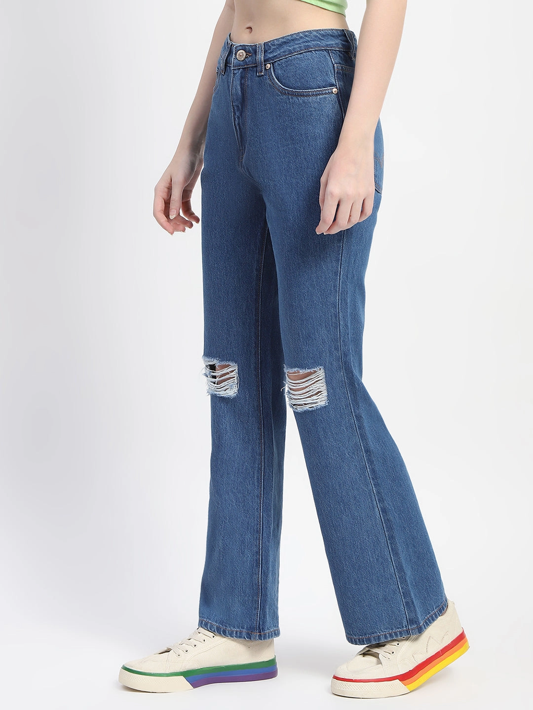 Madame Blue Ripped Flared Denim Minimalist Pocket Design Faded Wash