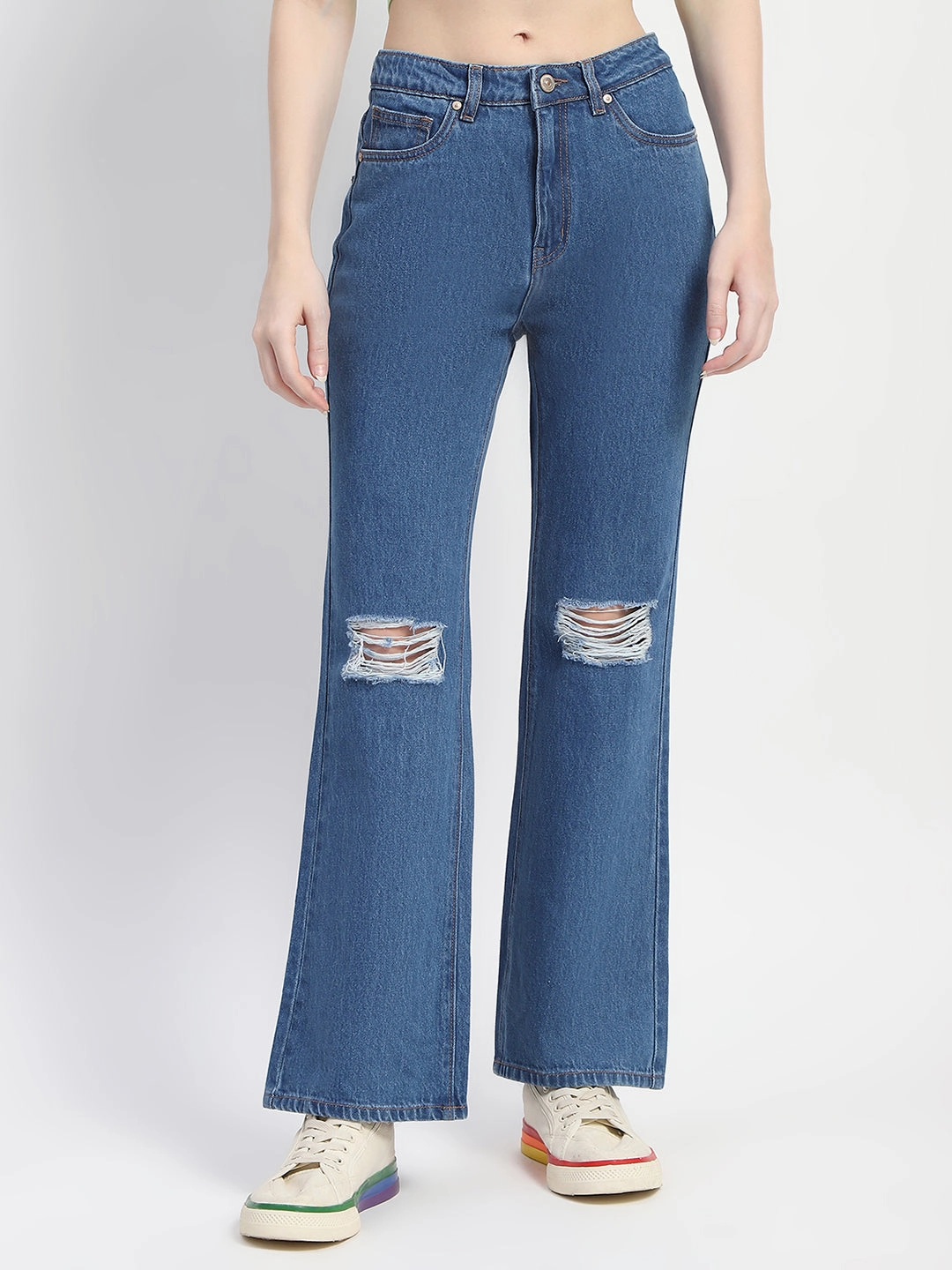 Madame Blue Ripped Flared Denim Modern Textured Stretch Soft