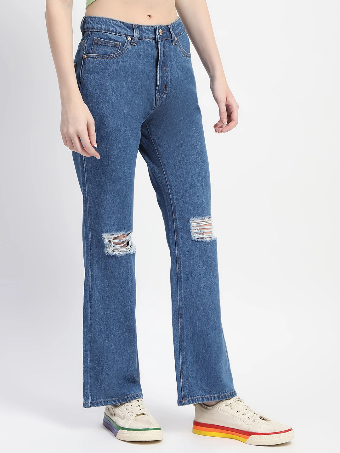 Madame Blue Ripped Flared Denim Temperature Regulating Fabric