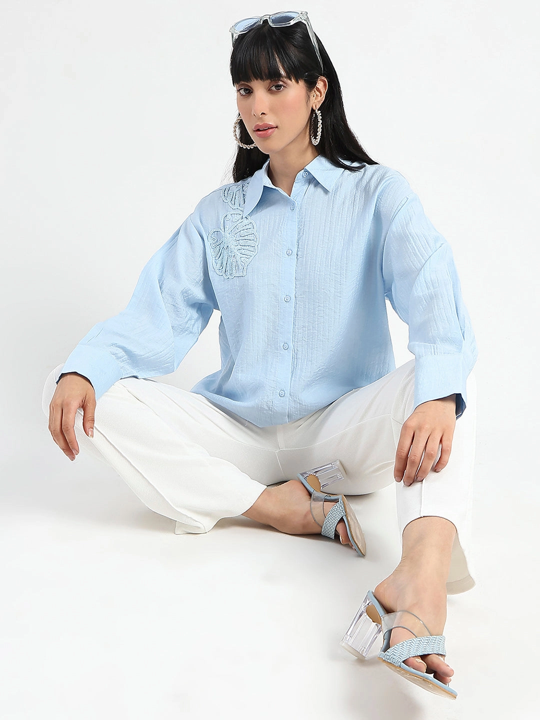 Fashion Forward Design Madame Botanical Embroidery Blue Rayon Blend Shirt