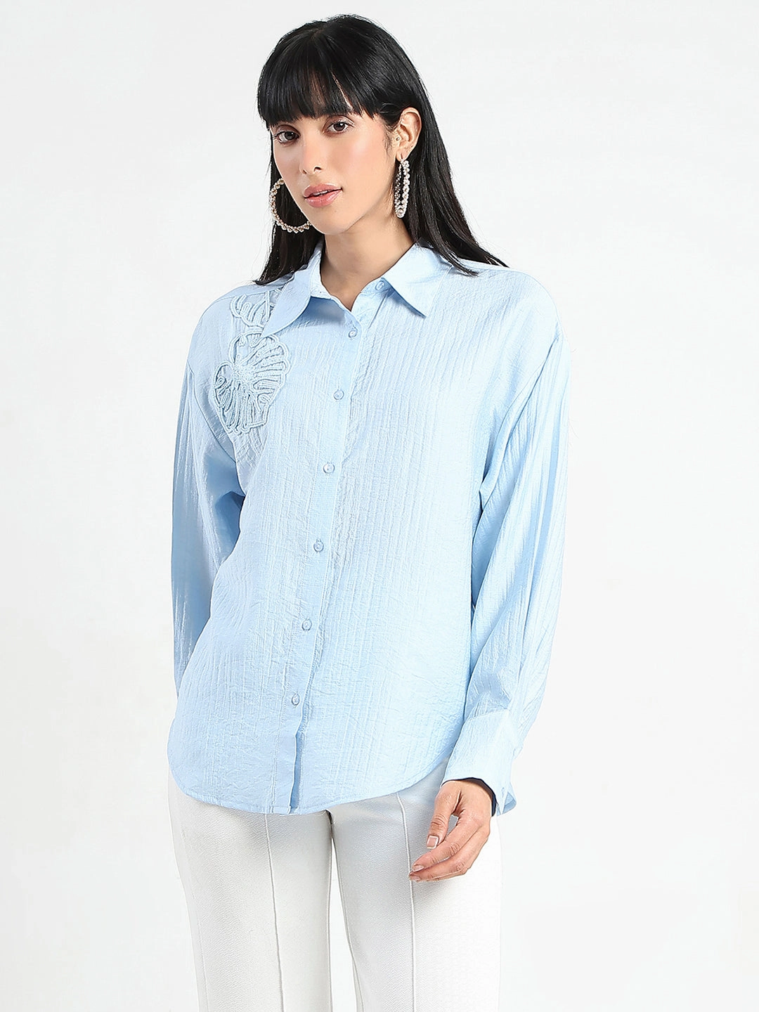 Madame Botanical Embroidery Blue Rayon Blend Shirt comfortable option Wrinkle Resistant