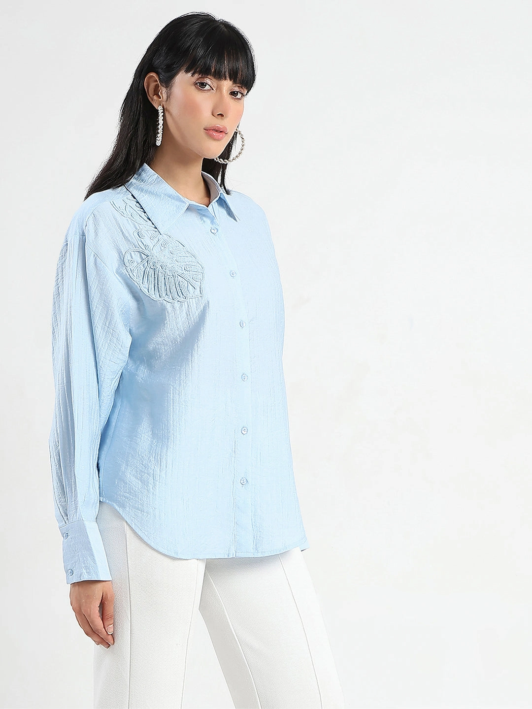 Lightweight Feel Madame Botanical Embroidery Blue Rayon Blend Shirt