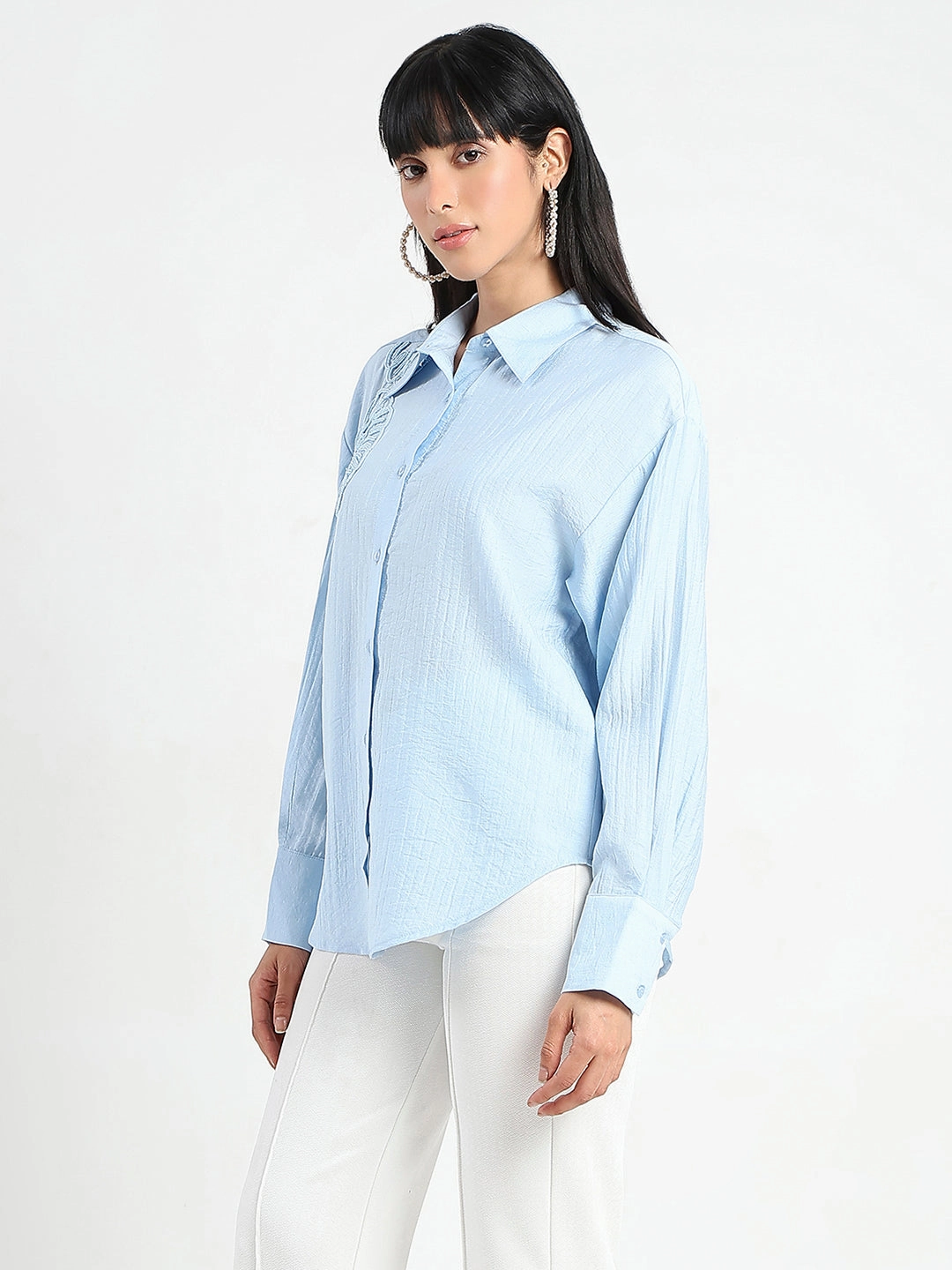 Madame Botanical Embroidery Blue Rayon Blend Shirt Earthy Palette
