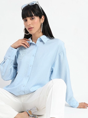 Comfortable fit Bold Pattern Madame Botanical Embroidery Blue Rayon Blend Shirt