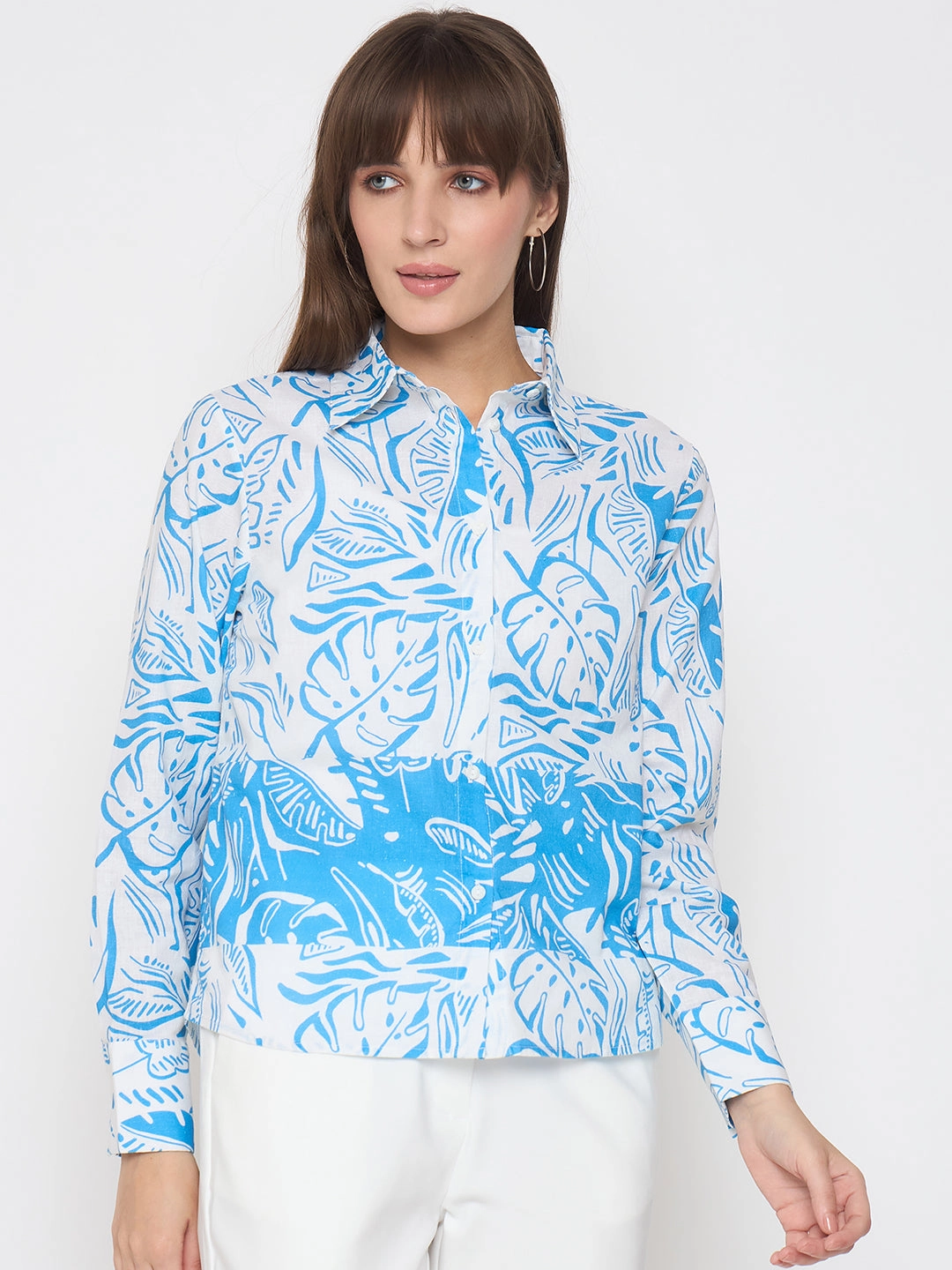 Madame Botanical Print Button Up Front Aqua Blue Shirt Contemporary Style